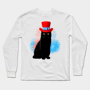 Patriotic Cat American Flag 4th of July Black Cat Fireworks Long Sleeve T-Shirt